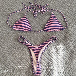 Striped Pink and Blue Thong Bikini Set